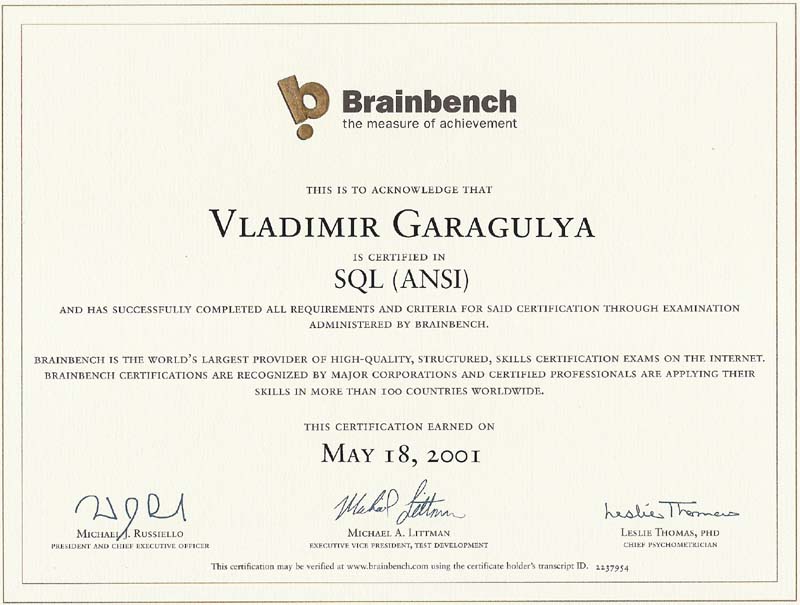 SQL ANSI Brainbench certificate